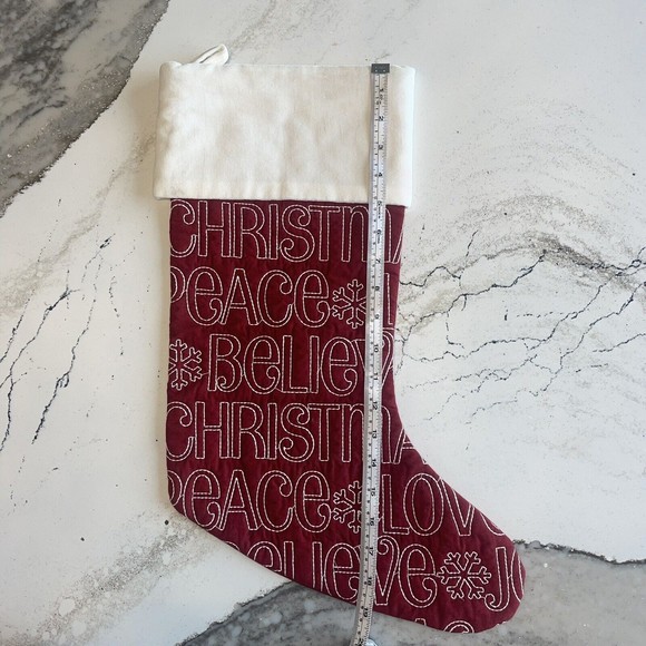 Pottery Barn Sentiment Love Joy Quilted Red Red Christmas Stocking 19.5" #7392 - Picture 8 of 8
